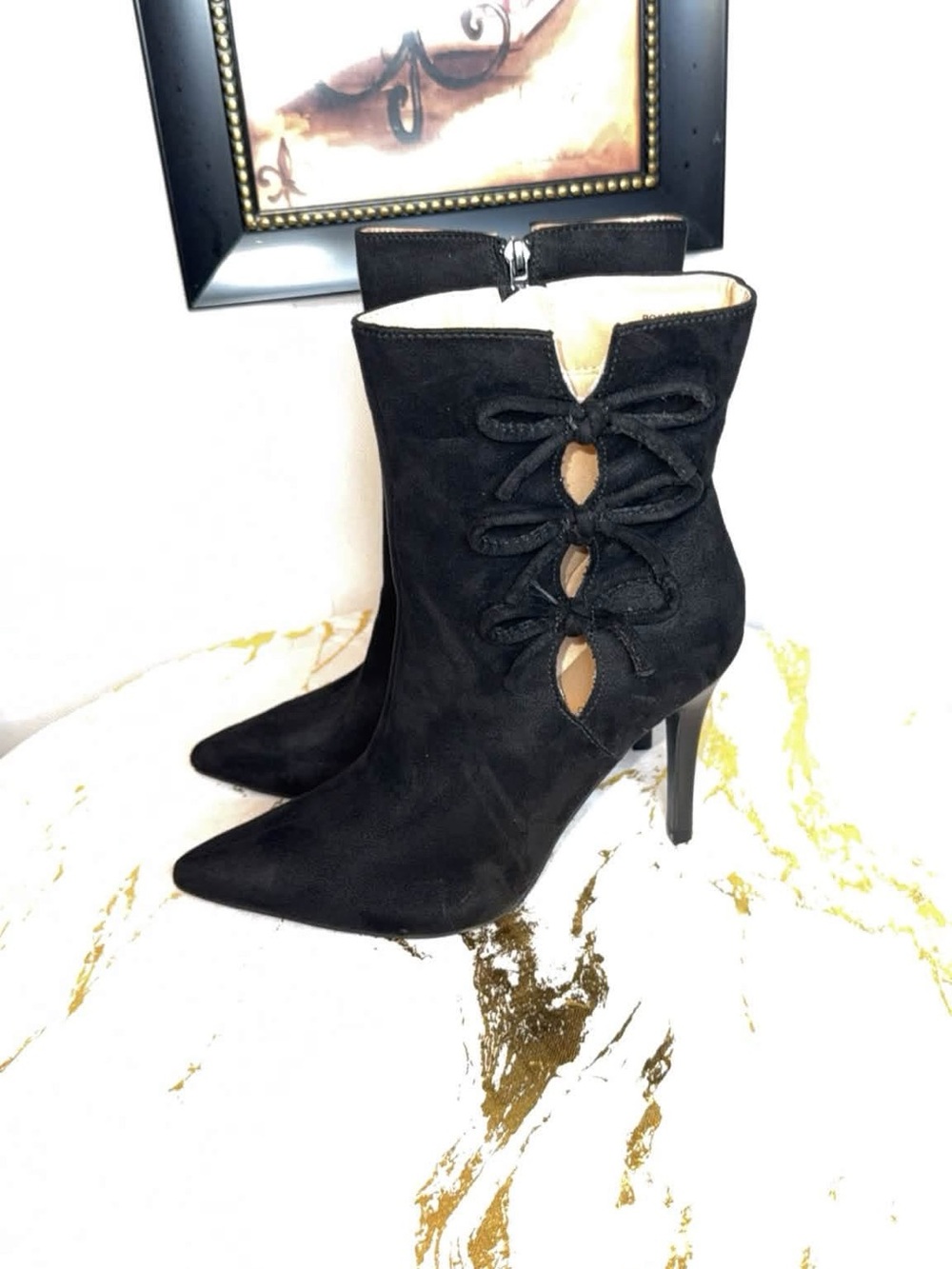 Journee Collection Black Suede Pointed-Toe Bow Accent Stiletto Ankle Boots